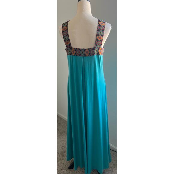 New York & Company Teal Aztec Jersey Knit Maxi Sleeveless Built In Bra Dress L - Picture 5 of 11
